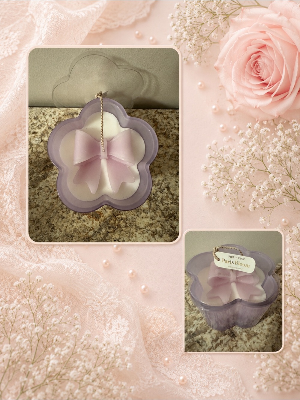 Paris Bloom Scented Flower-Shaped Purple & White Decorative Candle with Bow